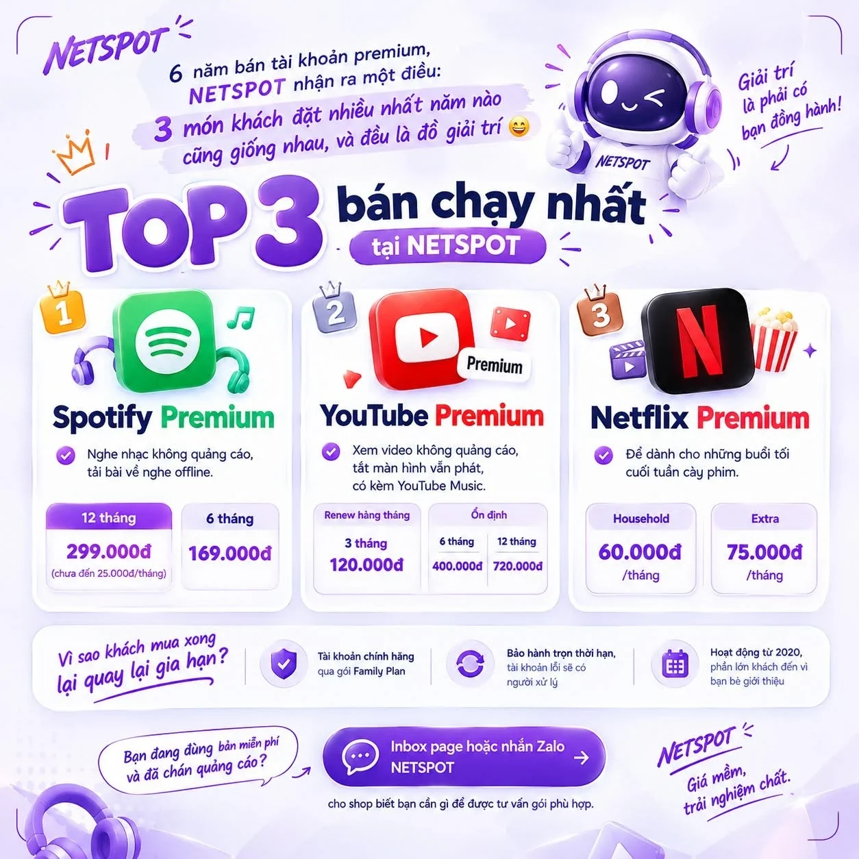 Top 3 tài khoản bán chạy nhất tại NETSPOT: Spotify Premium, YouTube Premium, Netflix Premium